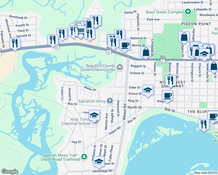 map of restaurants, bars, coffee shops, grocery stores, and more near 2500 Duke Street in Beaufort