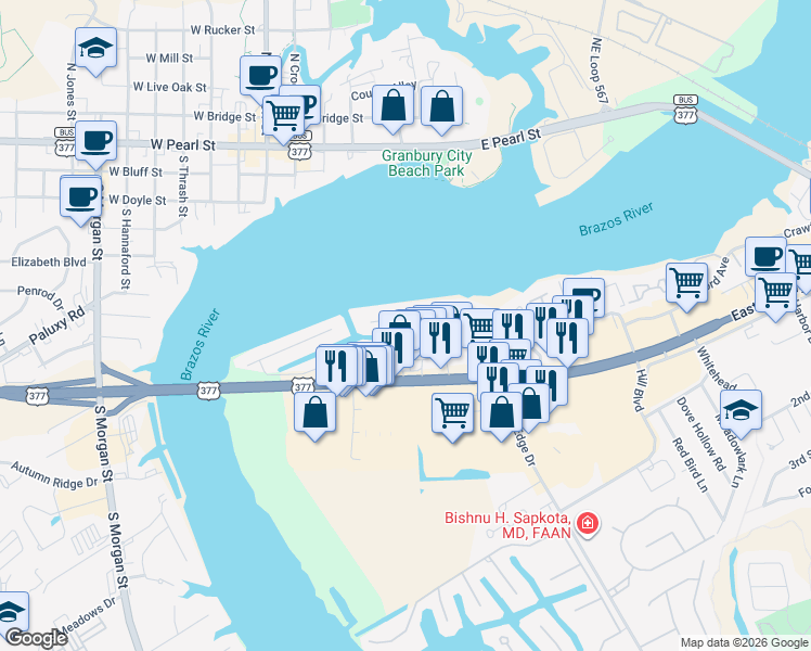map of restaurants, bars, coffee shops, grocery stores, and more near 607 Panama Court in Granbury