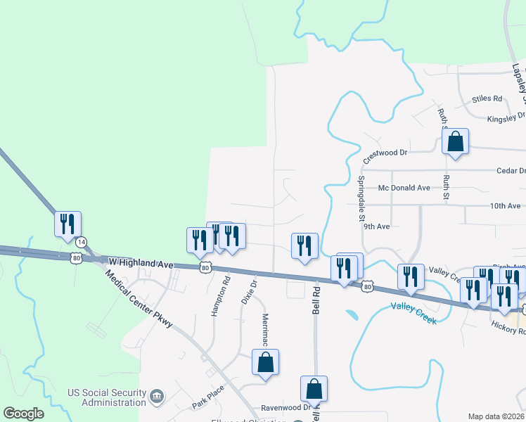map of restaurants, bars, coffee shops, grocery stores, and more near 2503 Lincoln Drive in Selma