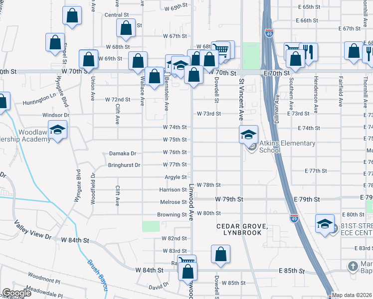 map of restaurants, bars, coffee shops, grocery stores, and more near 406 West 76th Street in Shreveport