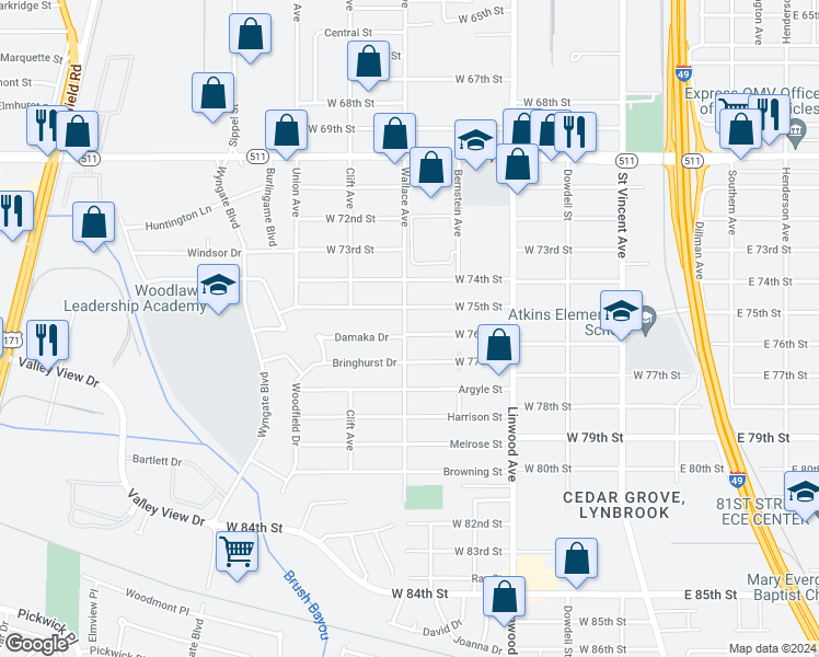 map of restaurants, bars, coffee shops, grocery stores, and more near 541 West 76th Street in Shreveport