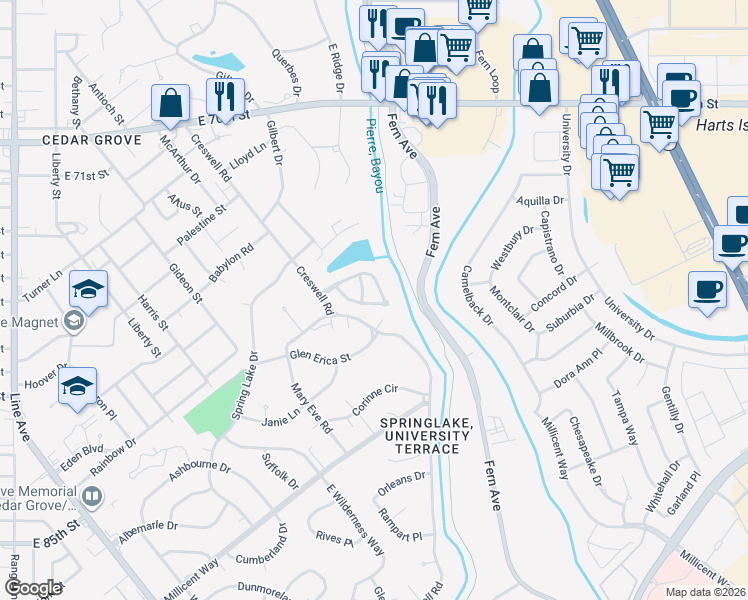 map of restaurants, bars, coffee shops, grocery stores, and more near 38 Lake Pl in Shreveport