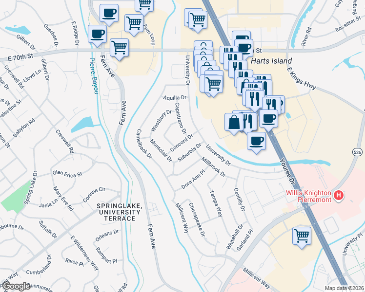 map of restaurants, bars, coffee shops, grocery stores, and more near 1513 Concord Drive in Shreveport