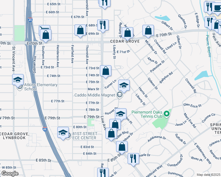 map of restaurants, bars, coffee shops, grocery stores, and more near 610 Turner Ln in Shreveport