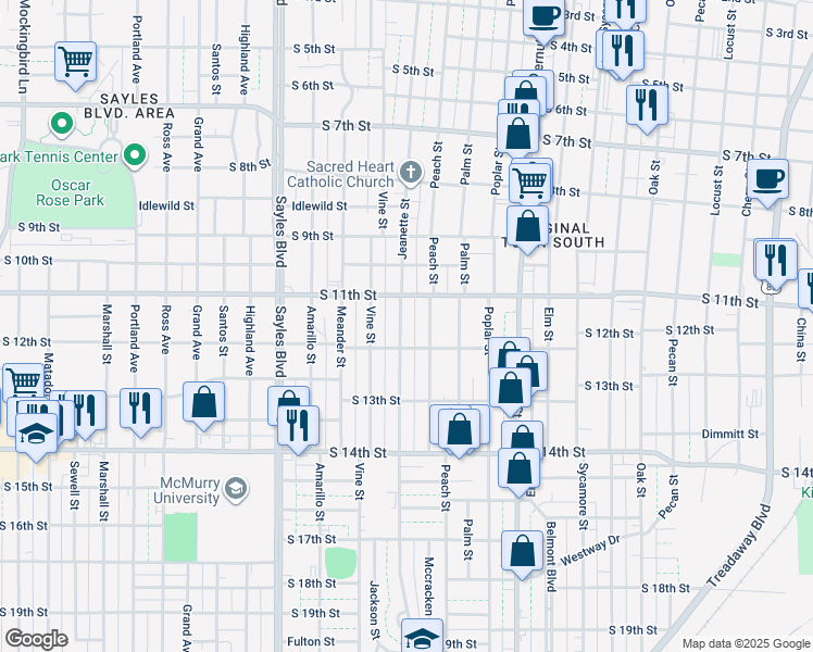 map of restaurants, bars, coffee shops, grocery stores, and more near 1149 Jeanette Street in Abilene