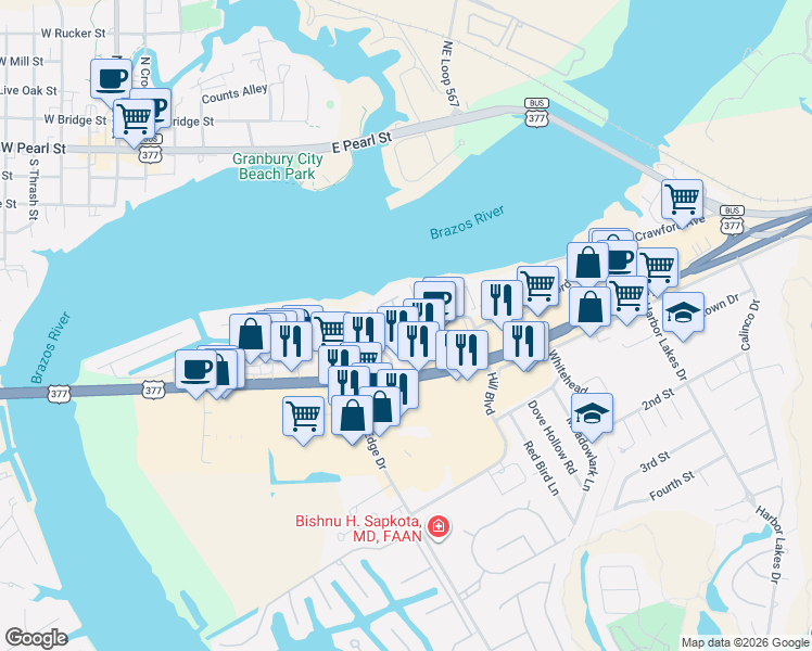 map of restaurants, bars, coffee shops, grocery stores, and more near 725 North Avalon Court in Granbury