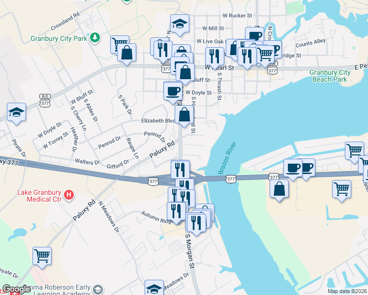 map of restaurants, bars, coffee shops, grocery stores, and more near 610 Doyle Springs Road in Granbury