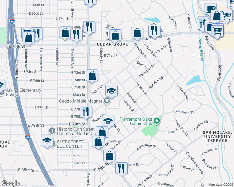 map of restaurants, bars, coffee shops, grocery stores, and more near 7500 Liberty Street in Shreveport