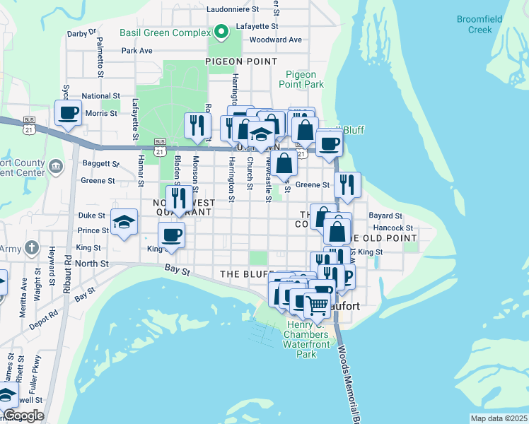 map of restaurants, bars, coffee shops, grocery stores, and more near 1106 Duke Street in Beaufort