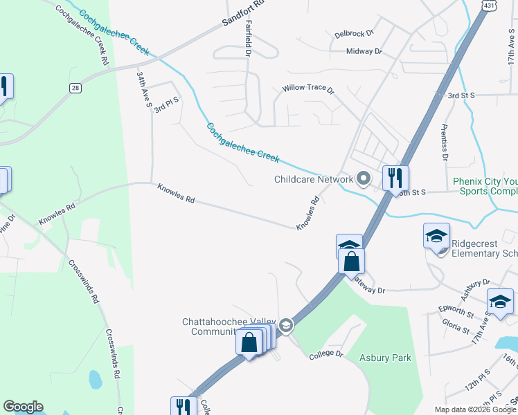 map of restaurants, bars, coffee shops, grocery stores, and more near 2000-3498 Knowles Road in Phenix City