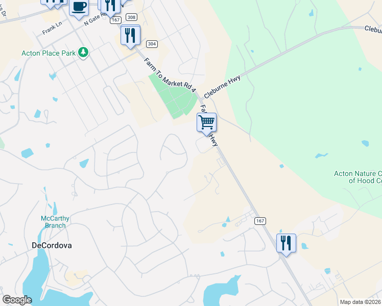 map of restaurants, bars, coffee shops, grocery stores, and more near 6321 Sonora Drive in Granbury