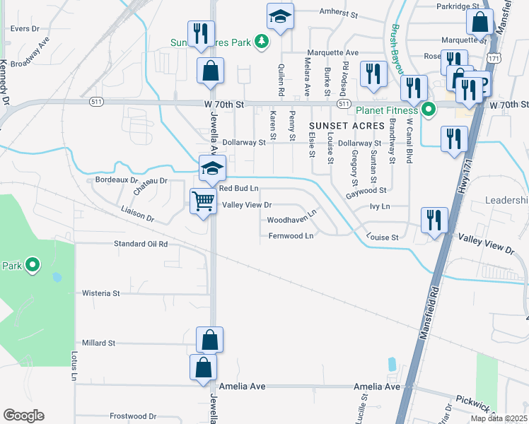 map of restaurants, bars, coffee shops, grocery stores, and more near 3437 Woodhaven Lane in Shreveport