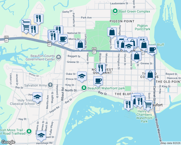 map of restaurants, bars, coffee shops, grocery stores, and more near 1802 Duke Street in Beaufort