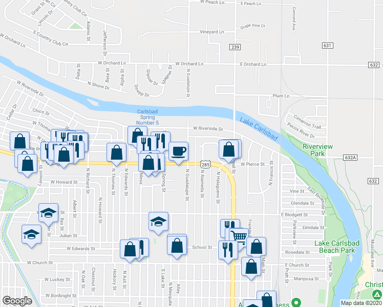 map of restaurants, bars, coffee shops, grocery stores, and more near 1106 North Guadalupe Street in Carlsbad