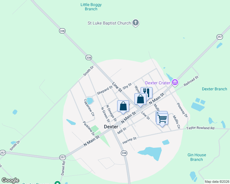 map of restaurants, bars, coffee shops, grocery stores, and more near 220 Poplar Street in Dexter