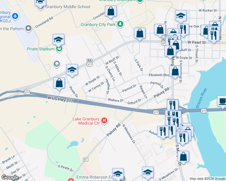 map of restaurants, bars, coffee shops, grocery stores, and more near 409 Heather Drive in Granbury
