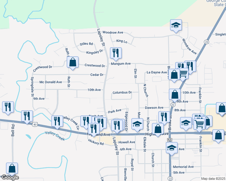 map of restaurants, bars, coffee shops, grocery stores, and more near 501 Columbus Drive in Selma