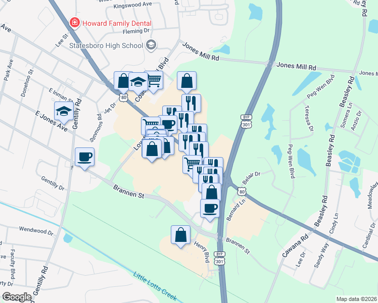 map of restaurants, bars, coffee shops, grocery stores, and more near 723-725 Northside Drive East in Statesboro
