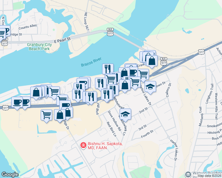 map of restaurants, bars, coffee shops, grocery stores, and more near 1116 U.S. 377 in Granbury