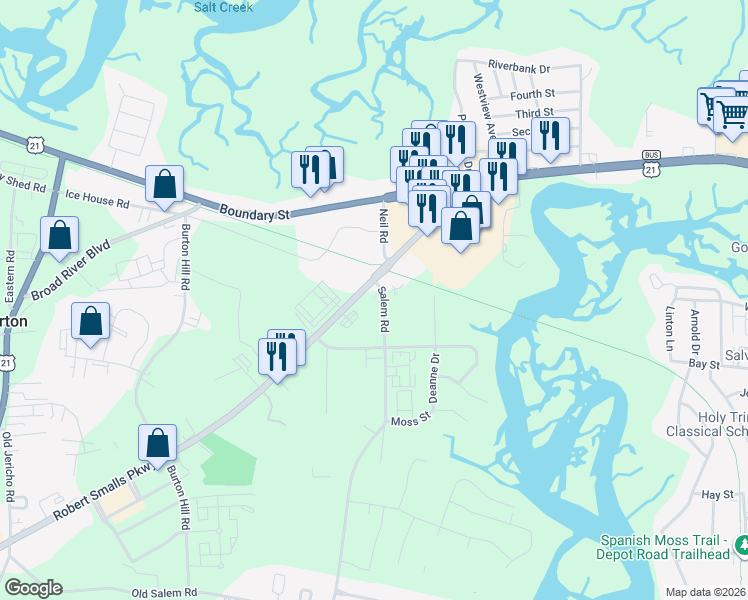 map of restaurants, bars, coffee shops, grocery stores, and more near 69 Robert Smalls Parkway in Beaufort