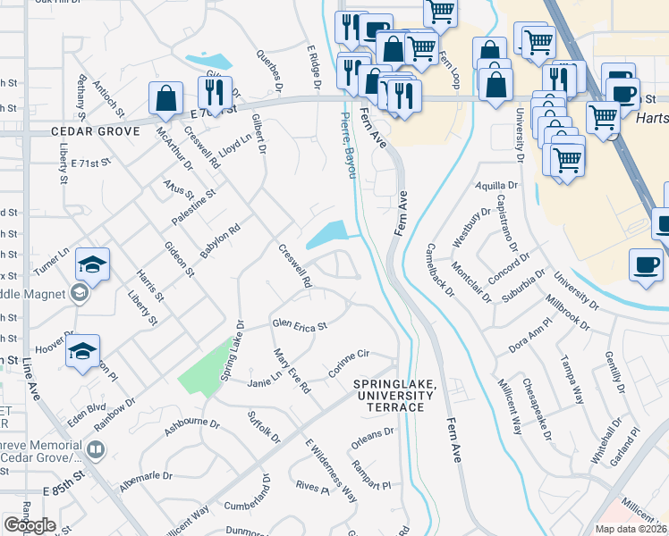 map of restaurants, bars, coffee shops, grocery stores, and more near 38 Lake Pl in Shreveport