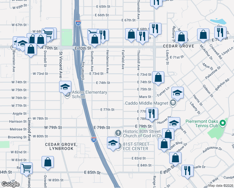 map of restaurants, bars, coffee shops, grocery stores, and more near 350 East 76th Street in Shreveport