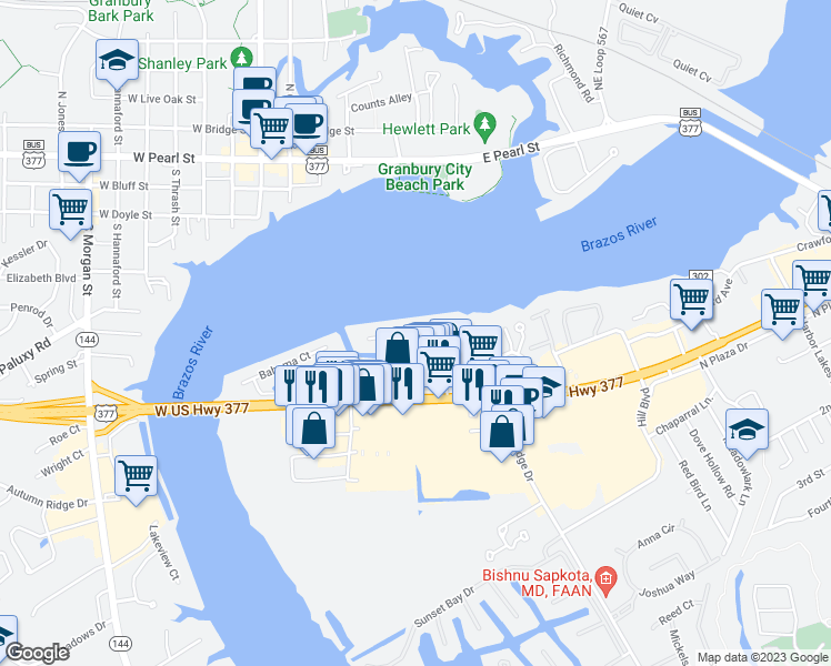 map of restaurants, bars, coffee shops, grocery stores, and more near 703 Panama Court in Granbury