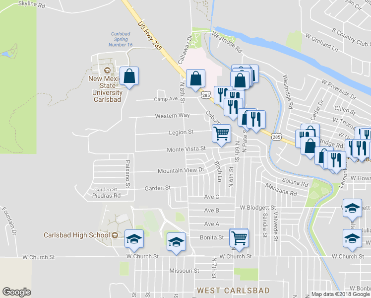 map of restaurants, bars, coffee shops, grocery stores, and more near 2498 Monte Vista Street in Carlsbad