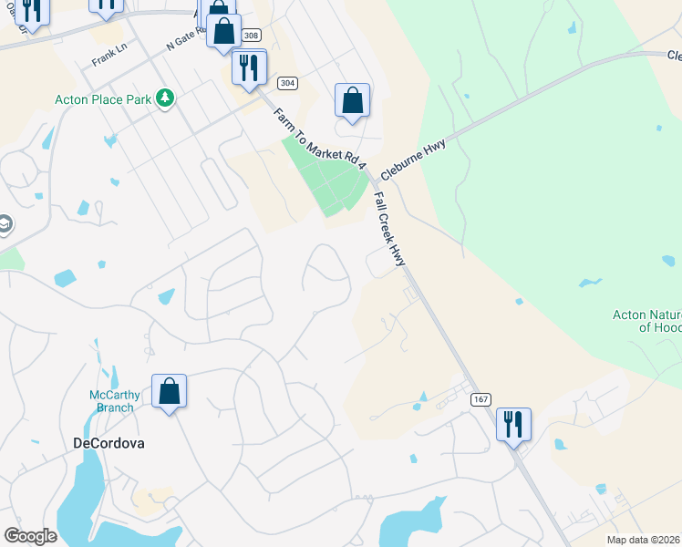 map of restaurants, bars, coffee shops, grocery stores, and more near 5405 Corto Drive in Granbury