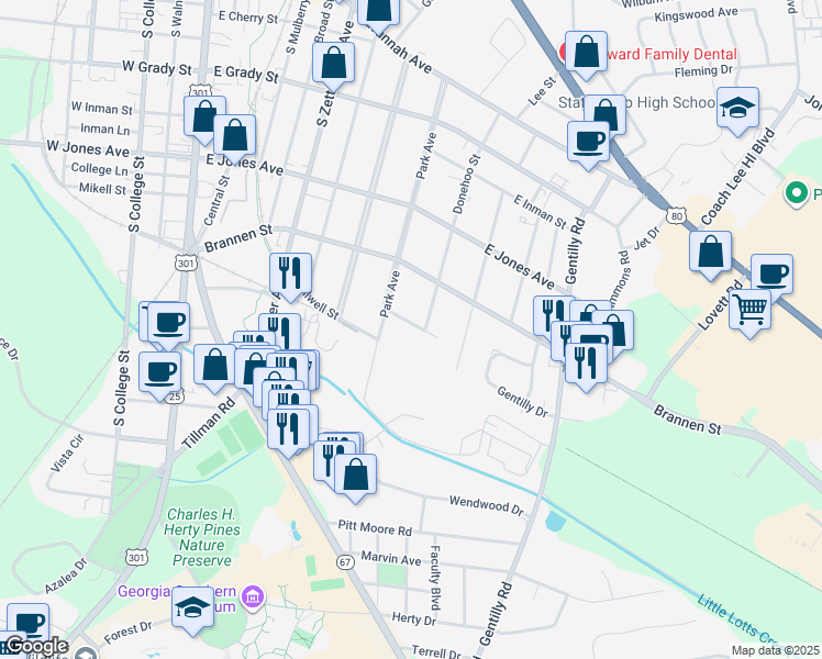 map of restaurants, bars, coffee shops, grocery stores, and more near 108 Outland Street in Statesboro