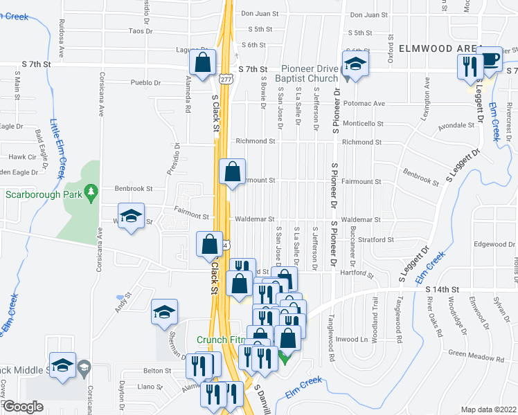 map of restaurants, bars, coffee shops, grocery stores, and more near 1266 South Bowie Drive in Abilene