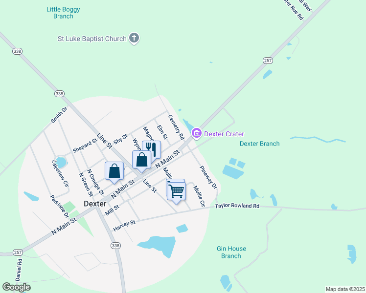 map of restaurants, bars, coffee shops, grocery stores, and more near 3692 Georgia 257 in Dexter