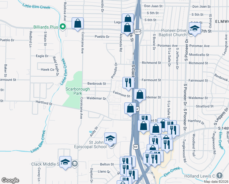 map of restaurants, bars, coffee shops, grocery stores, and more near 5125 Fairmont Street in Abilene