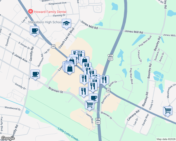 map of restaurants, bars, coffee shops, grocery stores, and more near 723 Northside Drive East in Statesboro