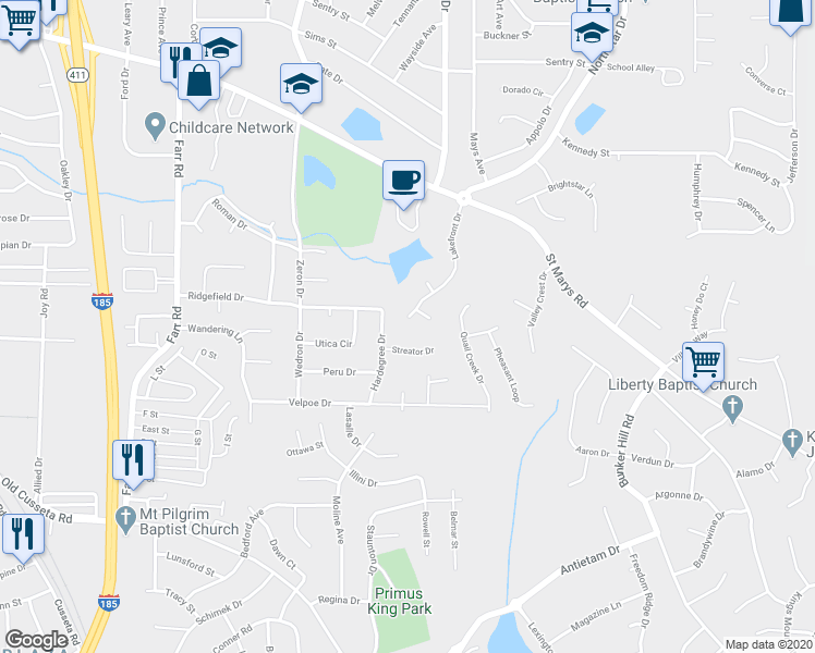 map of restaurants, bars, coffee shops, grocery stores, and more near 599 Lakefront Drive in Columbus
