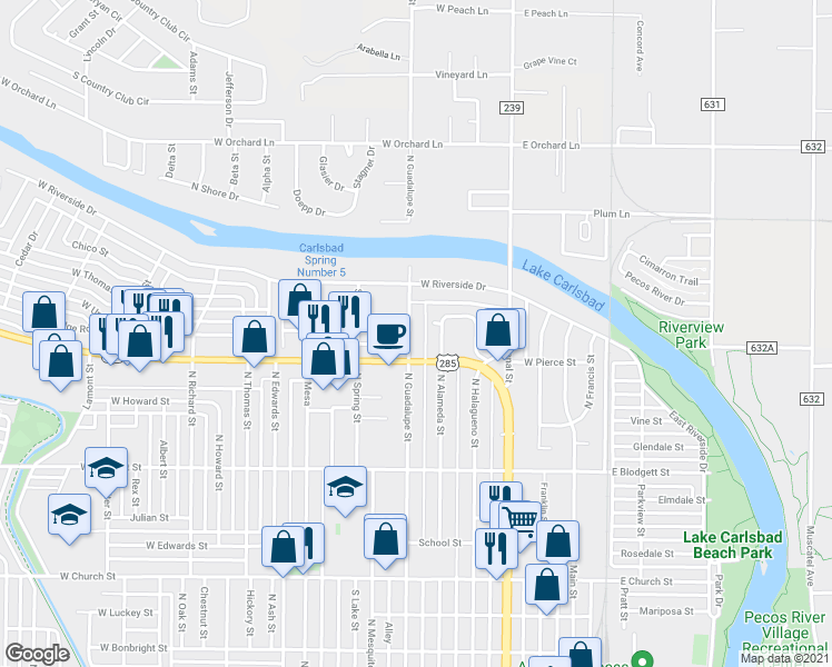 map of restaurants, bars, coffee shops, grocery stores, and more near 1108 North Guadalupe Street in Carlsbad