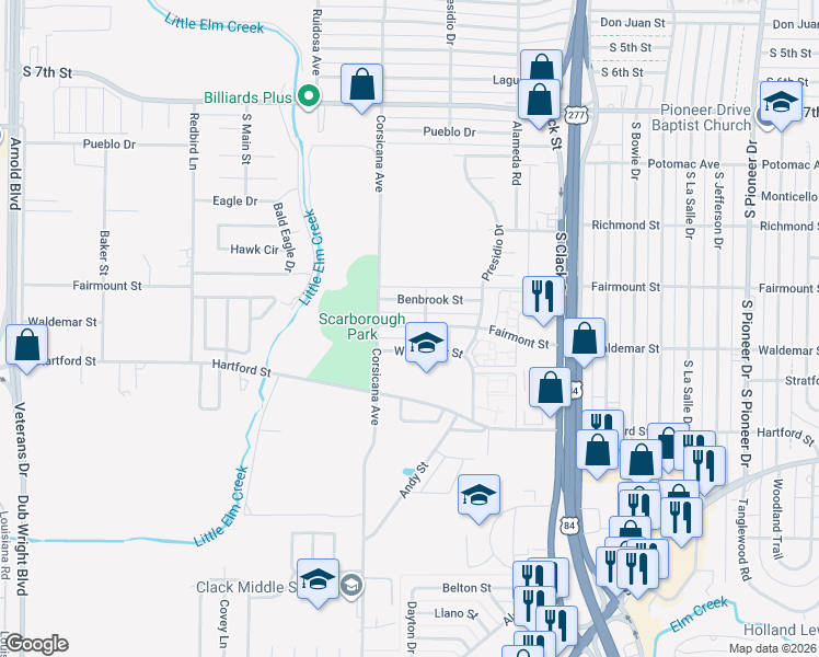 map of restaurants, bars, coffee shops, grocery stores, and more near 5326 Waldemar Street in Abilene