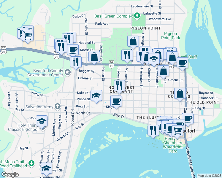 map of restaurants, bars, coffee shops, grocery stores, and more near Adventure Street in Beaufort