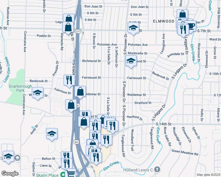 map of restaurants, bars, coffee shops, grocery stores, and more near 1290 South Jefferson Drive in Abilene