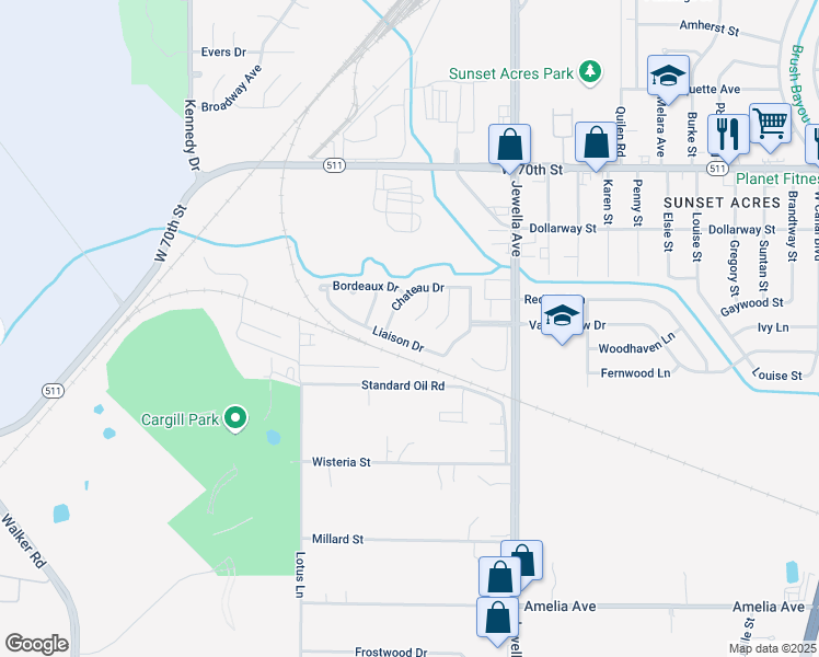 map of restaurants, bars, coffee shops, grocery stores, and more near 3811 Liaison Drive in Shreveport