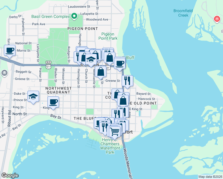 map of restaurants, bars, coffee shops, grocery stores, and more near 810 Duke Street in Beaufort