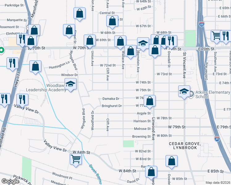 map of restaurants, bars, coffee shops, grocery stores, and more near 610 Damaka Drive in Shreveport
