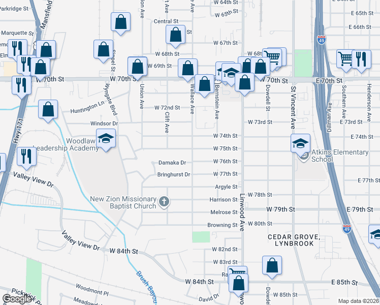 map of restaurants, bars, coffee shops, grocery stores, and more near 614 West 74th Street in Shreveport
