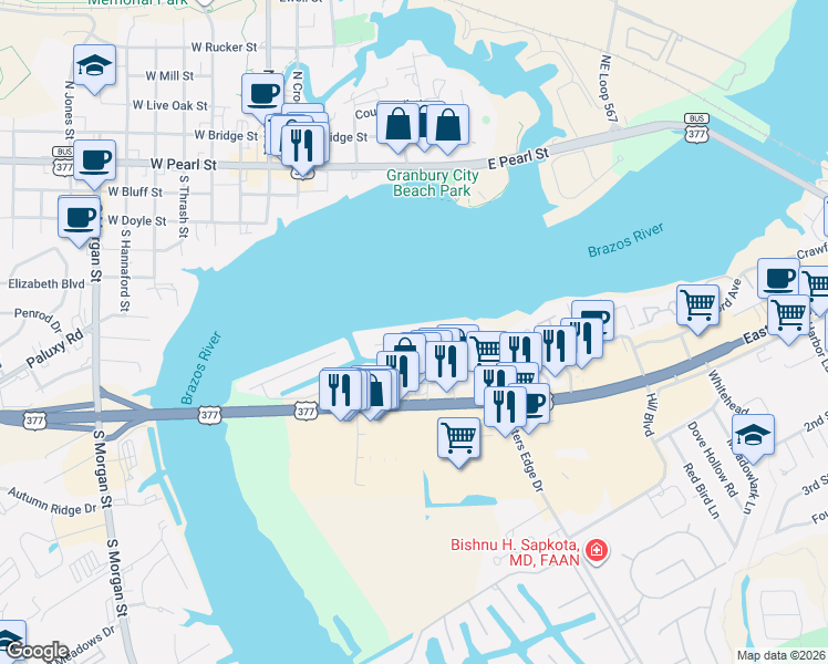 map of restaurants, bars, coffee shops, grocery stores, and more near 610 Panama Court in Granbury