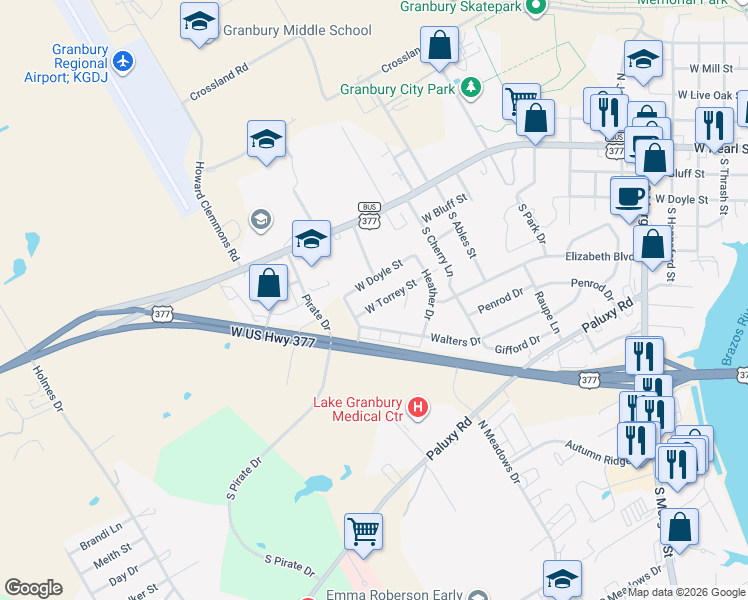 map of restaurants, bars, coffee shops, grocery stores, and more near 1718 Meadows North Drive in Granbury
