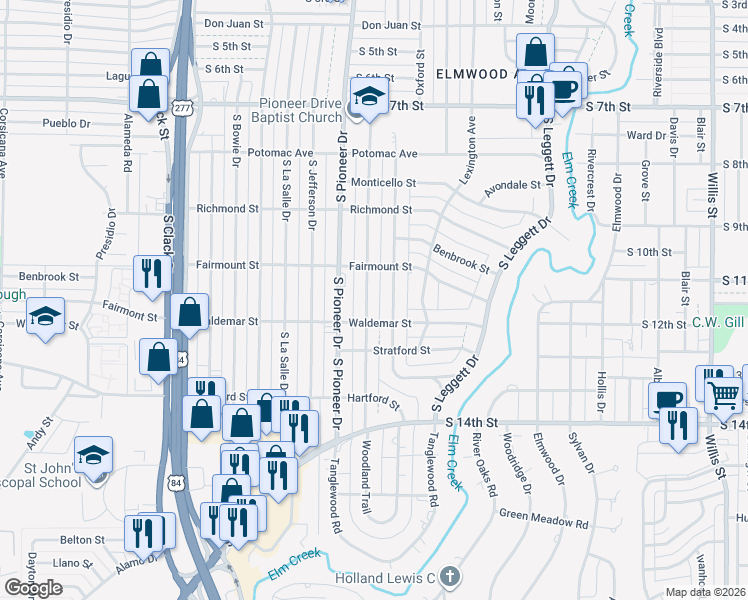 map of restaurants, bars, coffee shops, grocery stores, and more near 1217 Buccaneer Drive in Abilene