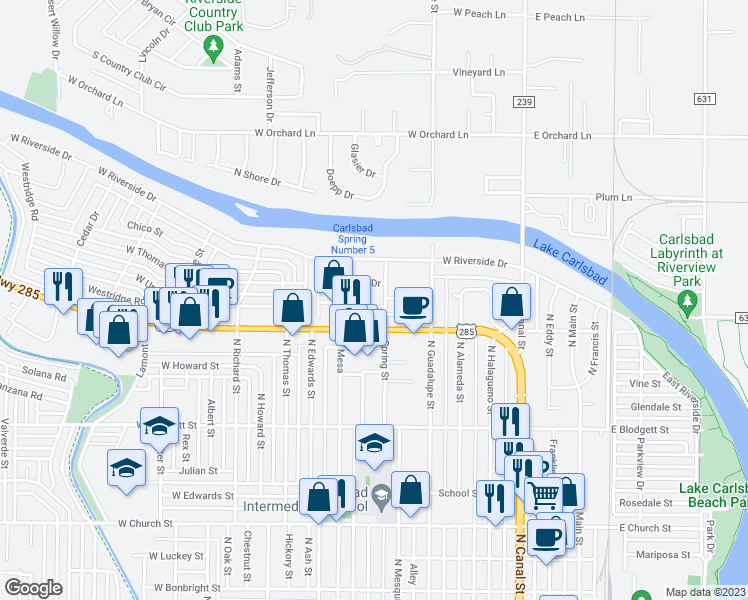 map of restaurants, bars, coffee shops, grocery stores, and more near 704 Lakeside Drive in Carlsbad