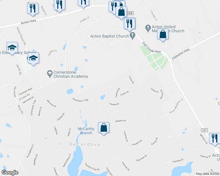 map of restaurants, bars, coffee shops, grocery stores, and more near 6425 Circo Drive in Granbury