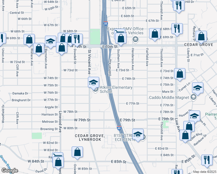 map of restaurants, bars, coffee shops, grocery stores, and more near 7 East 75th Street in Shreveport