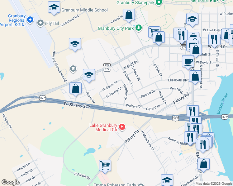 map of restaurants, bars, coffee shops, grocery stores, and more near 119 Melynn Court in Granbury